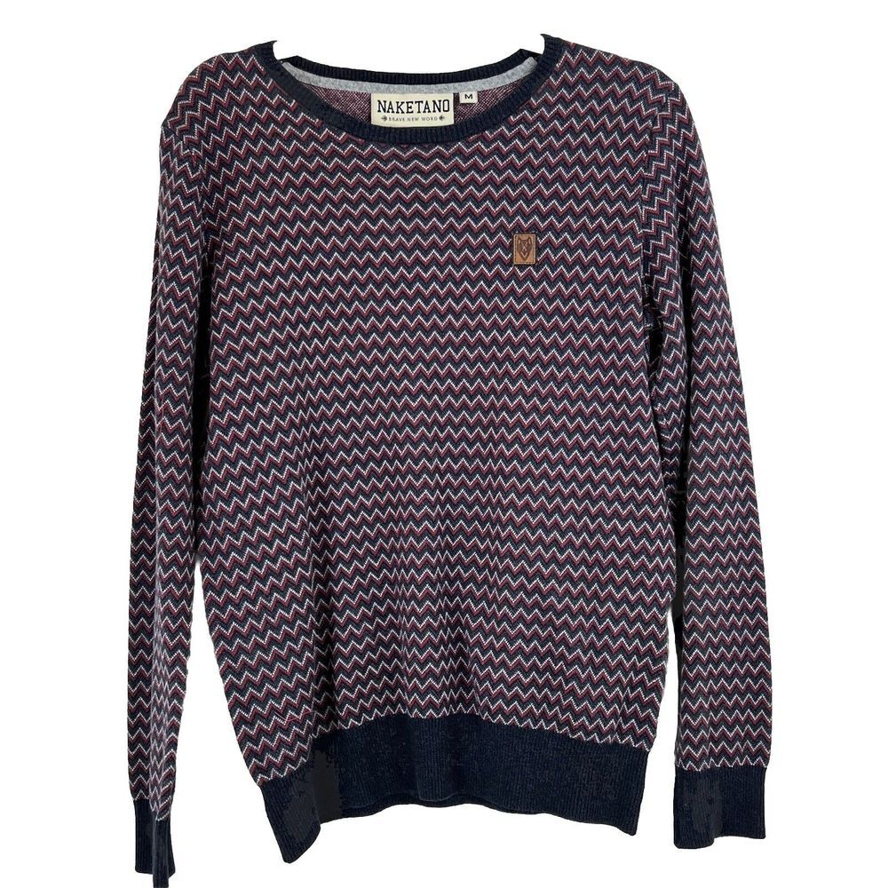 Naketano Sweater Men's Medium Knit Crew‎ Neck Sweatshirt Chevron pullover cotton